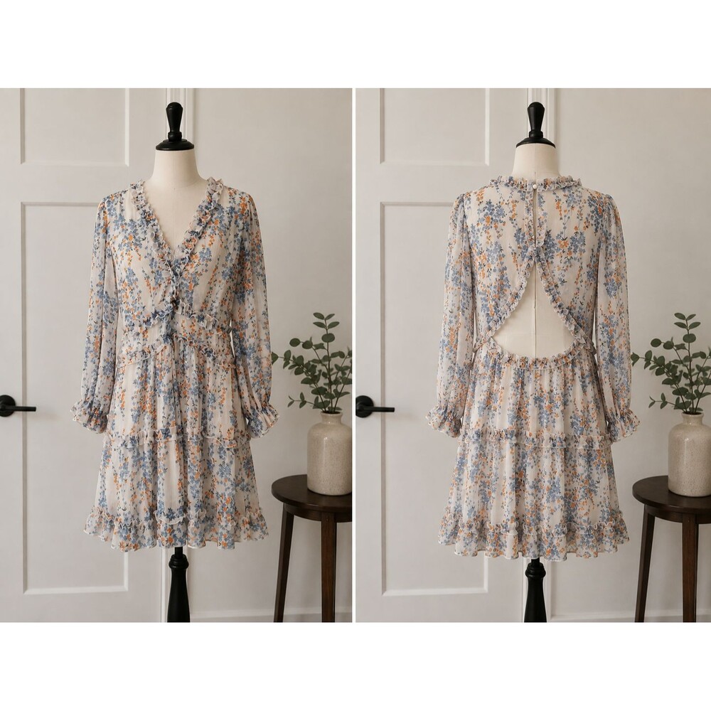Womens M Floral Ruffle Dress Open Back Blue Orange Long Sleeve Boho Romantic